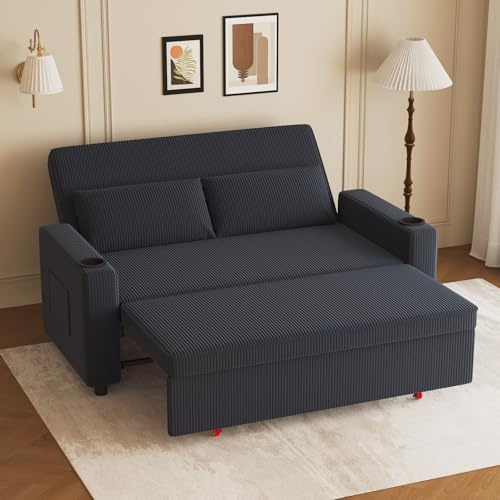 JUMMICO Schlafsofa 2 Sitzer klein Sofa mit Schlaffunktion Schlafcouch Ausziehbar mit Kissen Couch Cord-Bezug mit Getränkehalter Klappsofa Für Wohnzimmer Schlafzimmer,75 x 160 x 93 cm,Grau