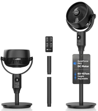 DR.PREPARE Pedestal Fan with Remote, Quiet DC Motor Standing Fan for Bedroom, 20dB Ultra Silent Desk Fan, 3D Oscillating Air Circulator, 8 Speeds, 3 Modes, 12H Timer, Height Adjustable, Black