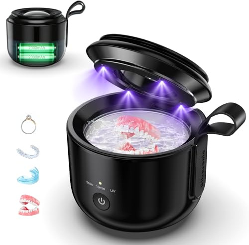 Upgraded Cordless Ultrasonic Retainer Cleaner:48kHz Portable Ultrasonic Denture Cleaning for Dental Pod with UV Light for Sport Mouth Guards Braces Toothbrush Heads Jewelry