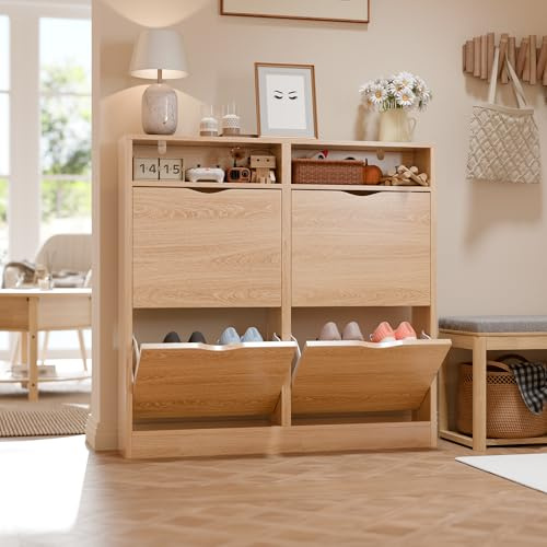 ELUCHANG Schuhschrank schmal mit 4 Klappen Platzsparender, Schuhkipper Schuhkommode, Geschlossen Schuhregal mit 4 Ablagen, Shoe Cabinet Flurschrank für Diele/Flur/Garderobe, Eiche