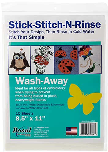 Bosal 8.5x11 Stick-Stitch-N-Rinse Wash-Away Stabilisator, 21,6 x 27,9 cm, 10 Stück, sonstiges, Mehrfarbig, Count (Pack of 1)