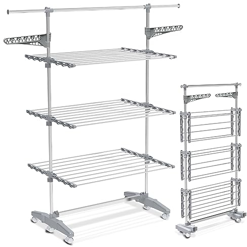 vounot Séchoir à Linge Pliable avec roulettes Grande Capacité Etendoir en Acier Inoxydable Ailes Pliables sur 3 Niveaux 23m de Séchage pour Usage Intérieur/Extérieur