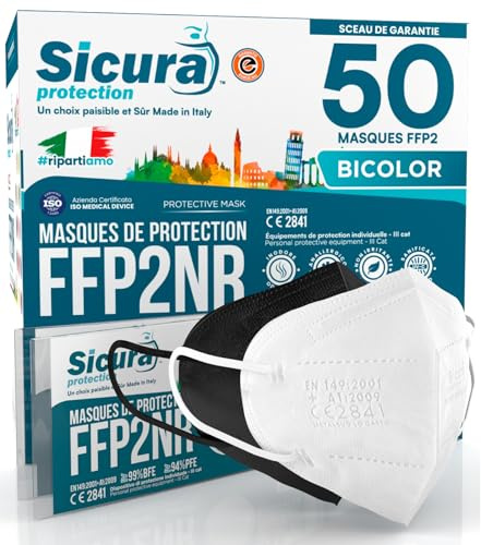 50x masques FFP2 certifié CE (25 Noirs + 25 Blancs) Made in Italy | SICURA logo Embossé BFE ≥99%