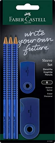 FABER-CASTELL 217057 - Bleistifte Set Sleeve, mit Spitzer, Radiergummi und 3 Bleistifte, Schreibset Grip 2001 blau