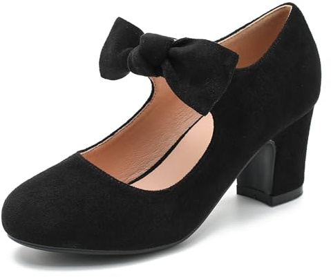 Eugisy Women's Bow Mary Jane Round Toe Block Heel Pumps Black Suede 38-7US