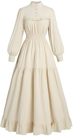Fiamll Robe longue victorienne Renaissance - Robe de bal - Manches longues - Vêtement médiéval - Robe vintage édouardienne - Robe de soirée élégante - Robe de loisirs, beige, S