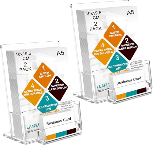 Soporte para folletos A5 con soporte para tarjetas de visita, soporte acrílico transparente para folletos, paquete de 2 unidades, flyer de menú independiente, exhibición de plexiglás para revistas,
