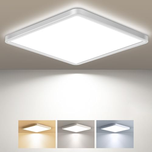 zemty Plafonnier LED Carré, 3 Couleur (3000K/4000K/6500K) Lampe de Plafond, 2800LM Luminaire Plafonnier Salle de Bain IP44 Etanche pour Bureau, Cuisine, Chambr à Coucher, Couloir, Balcon, Garage,29CM