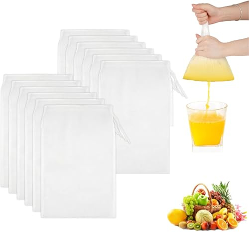 Yuiturt 12 Stück Nussmilchbeutel, 20×30 cm Passiertuch Wiederverwendbar, Feingewebt Passiertuch Nylon Filterbeutel Nussmilchbeutel Bio Waschbar mit Kordelzug für Nussmilch Käse Joghurt Fruchtsaft