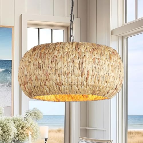 Schindora Handgewebte Boho Lampenschirm HäNgelampe, Seegras 45Cm 5-Licht BöHmische Esstisch Lampe NatüRliche Deckenleuchte KüChe Pendelleuchte FüR KüCheninsel Esszimmer