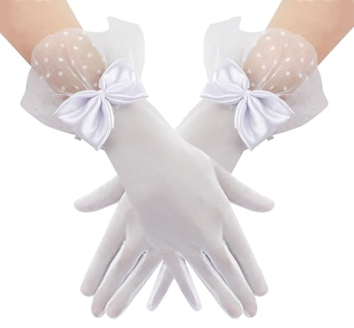 Feelorna Short Lace Gloves for Women, Mesh Tulle Gloves with Bow and Polka Dot Ruffle Cuffs, Elegant Wrist Length Wedding Bridal Gloves Opera Glove for Banquet Costume Evening (White)