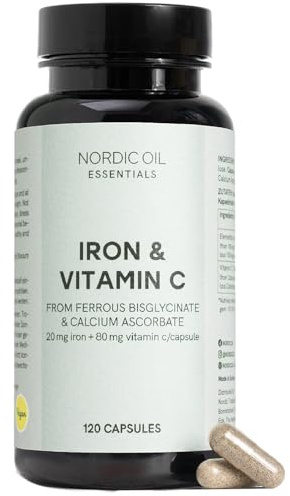 Eisen Kapseln mit Vitamin C | 120 vegane Kapseln | Hochdosiert mit 20 mg Eisen & 80 mg Vitamin C je Kapsel | Eisenbisglycinat für hohe Bioverfügbarkeit | Für Energie & Immunsystem | Nordic Oil