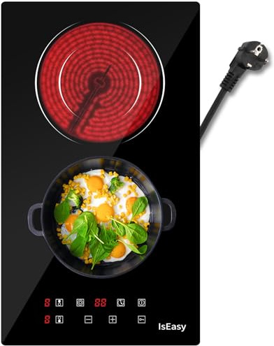 Placa vitrocerámica empotrada de 2 fuegos, doble zona de cocción 3200W, 9 niveles de potencia, temporizador, doble zona, 5,6cm de grosor