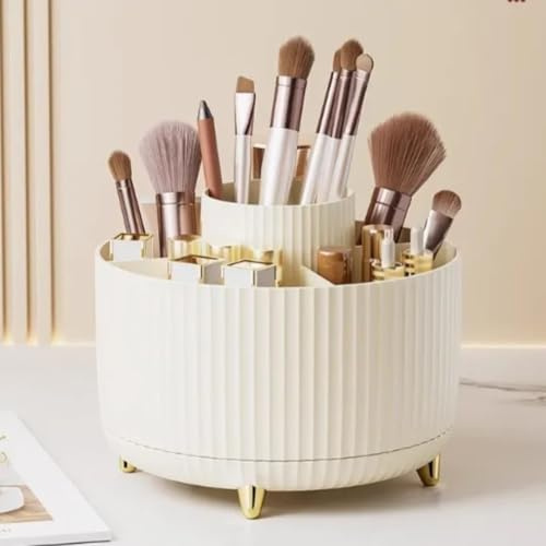 360° Rotating Makeup Organiser, Make Up Brush Holder with 5 Compartments, Desk Storage Container for Bedroom Dressing Table Cosmetics Organizer, Office Stationery Storage, Desktop Pen Holders (White)