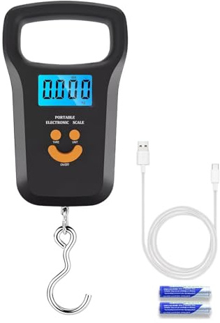 Kofferwaage Digital mit Haken, 110 lb/50kg Fischwaage, Kofferwaage mit LCD-Display, Doppelte Energieversorgung (Batterie/Aufladbar), inkl.2 AAA-Batterien, Tragbare Gepäckwaage für Reisen/Familienleben