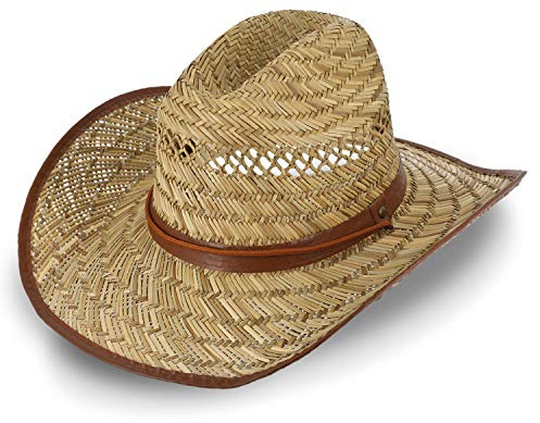 fiebig Westernhut aus Stroh für Damen und Herren | Luftiger Cowboyhut mit Kinnband | Strohhut mit Kunstlederband | Sonnenhut mit Schweißband & Einfass an der Krempe