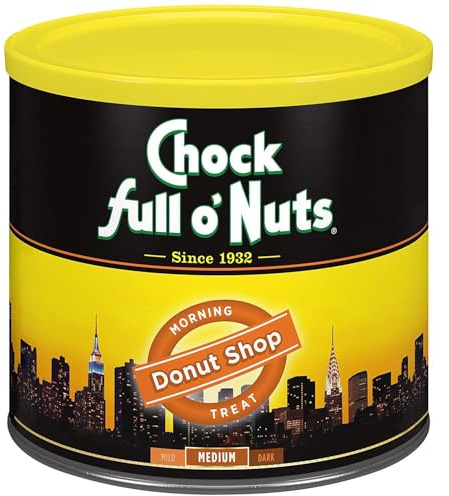 Chock Full o' Nuts Donut Shop Ground Coffee – Premium Beans in Recyclable Steel Can – Rich Flavor & Aroma, Medium Roast – Perfect for Drip, Pour-Over, Percolator – 23 Oz Can