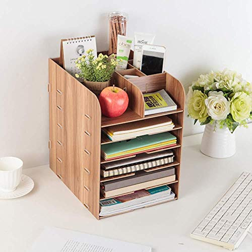 WJYLM Aktenständer/Aktenhalter, Schreibtischablage Organize Wood, A4 Papierablage Set Schreibtisch Design, Schreibtisch Organizer Multifunktion für Stift Bleistift Zubehör, Braun