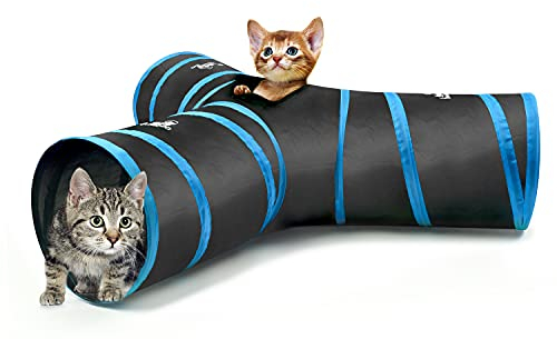 Pawaboo Tunnel per Gatto, Giocattolo per Gatti, Giocattolo a Tre Passaggi Estensibile Pieghevole con Pompon e Campanelle, Giocattolo Interattivo per Animali Piccoli, Accessori Giochi, Nero & Blu