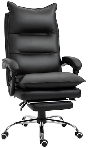 Vinsetto Fauteuil de Bureau, Chaise Bureau Ergonomique en Similicuir avec Large Assise rembourrée, Dossier inclinable, Hauteur réglable, accoudoirs et Repose-Pied intégrés, Charge 135 Kg, Noir