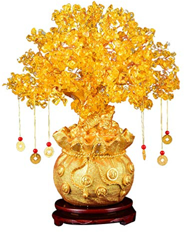 Milisten 1 x Citrin-Geldbaum, natürlicher Kristall-Baumschmuck, Feng Shui, Glücksbaum, Bonsai-Stil, reicher Baum mit Goldmünzen und Sockel, Tischdekoration, 19 cm