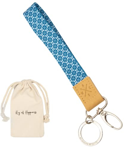 Things of Happiness Schlüsselband kurz mit Schlüsselring & Karabiner für Frau & Mann | Edler Schlüsselanhänger by Kleines Geschenk Geburtstag, Valentinstag, Weihnachten | kurzes Lanyard (Blau/Weiss)