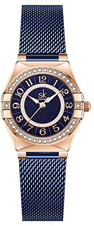 SHENGKE SK Damen Armbanduhr mit arabischen Ziffern, Kristall-Diamant Damenuhr, wasserdicht, Damen Leicht-Lesen. (Blue Mesh)