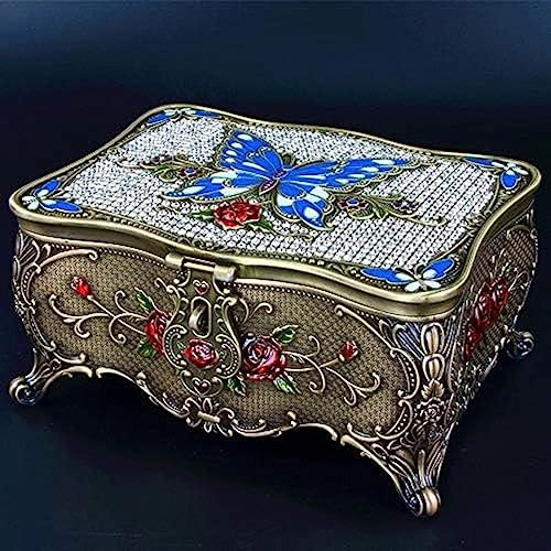 Europäischer Schmuck-Organizer, Vintage-Bronze-Schmuckschatzkiste Mit Spiegel, Antikes Metall-Schmucketui Für Ohrringe/Halskette/Ringhalter, Andenkengeschenk Für Mädchen, Damen Und Frauen,Blau,Col