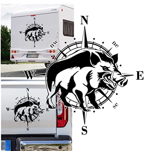 Rakelfix Autocollant boussole sanglier sauvage chasseur chasse autocollant adaptable camping-car voiture autosticker sticker rose des vents boussole pour camping-car