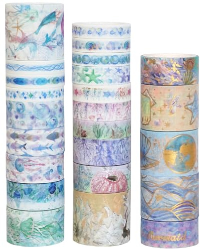YUBX Meereslebewesen Washi Tape Set 24 Rollen Gold Silber Folie Dekorative Masking Tape Unterwasserwelt Klebeband Bunt für Kunst, DIY Handwerk, Tagebuch, Planer, Scrapbook, Verpackung
