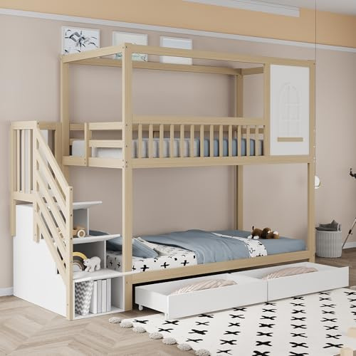 Letto a castello per bambini, 90 x 200 cm, in legno massello matrimoniale, a forma di casa con finestre, design di recinzione di sicurezza, con cassetti e scala di sicurezza, per ragazzi e ragazze,