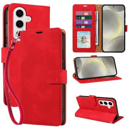 GOTOURED Étui portefeuille fin en similicuir PU pour Samsung Galaxy S24 avec blocage RFID, 4 emplacements pour cartes, dragonne amovible, béquille, rouge