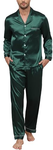 TeJoyce Pyjama Homme Satin Long, Deux Pièces Vêtements de Nuit Soie, Ensembles Manches Longues Chemise avec Boutons et Pantalon à Poches, Elegant et Luxe Loungewear pour Dormir ( Vert Foncé, L )