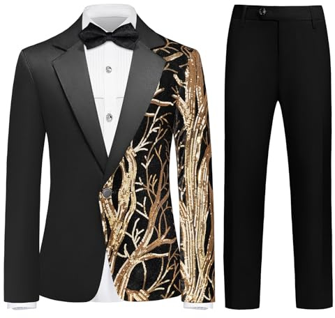 Lamgool Tuxedo Suits for Boys Kids Formal Outfit 4-Piece Set Size 10 Gold Sequin Blazer Dress Shirt Black Pants Bow tie Prom