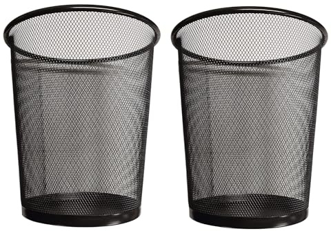 DIVCHI Round Trash Can Bin - 2 Pack Black Non-Slip Mesh Bins Waste Paper Bin Sturdy Metal Bin Indoor Waste Bin for Home Bedroom Office Bathroom Living Room & Kitchen (Black)