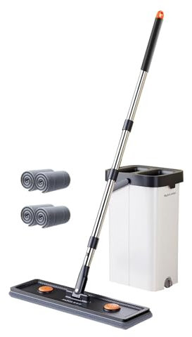 SiaBiced Eimer mit Mopp-Set, Flachwischer für Zuhause, selbstreinigend mit 360-Grad-Drehung und Pads, 33 cm 4 Pads