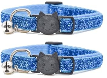 Glitter katt- och kattunge-halsband med klocka och säkerhetsspänne, justerbar design, paket med 2, finns i röd, rosa, blå, silver och guld. (Babyblå)