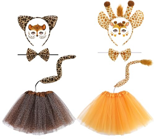 JATEBI 2 Sets Animal Costume Tutu for Kids,Include Giraffe and Leopard Ears Headbands Tails Face Sticker Bowtie Fancy Dress Costumes Kit
