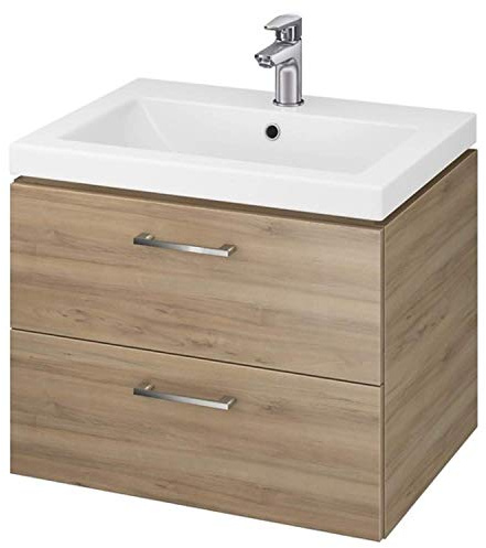 VBChome Waschtischunterschrank 60 cm mit Keramik Waschbecken – Badmöbel Set mit 2 Schubladen, Hängeschrank in Nussbaum Weiß Hochglanz – Modernes Badezimmermöbel zur Wandmontage