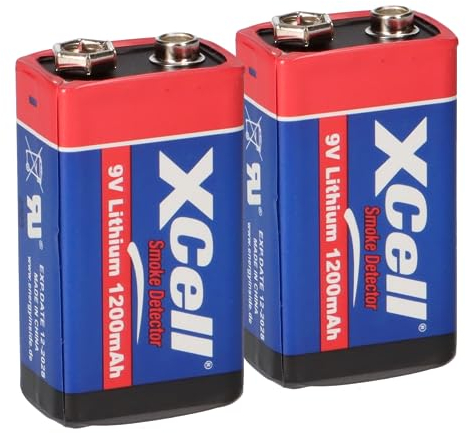 2 pilas de litio de 9 V de 1200 mAh, 9 V E-Block (U9VL, CR-9V, 6LR61) para 10 años, ideal para, por ejemplo, detectores de humo, detectores de fuego, medidores, micrófonos, etc. Juego de baterías (2
