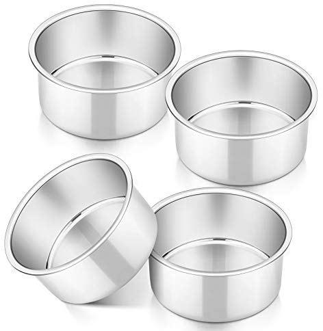P&P CHEF Cake Pan Set of 4, Stainless Steel Baking Round Cake Pans Tins Bakeware for Birthday Wedding, Leak-proof & Easy Clean, Mirror Finish & Easy Releasing, 4 Inch