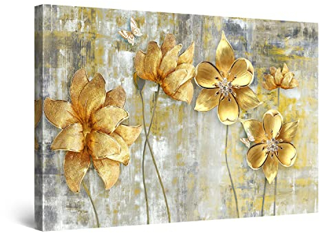 Startonight Quadro su Tela Fiori d'oro Grunge - Grandi Quadri Moderni Astratti - Stampe Grande per Soggiorno Stampe Incorniciate 80x120 cm, Decorazione Parete, Idea Regalo Elegante Luminoso al Buio