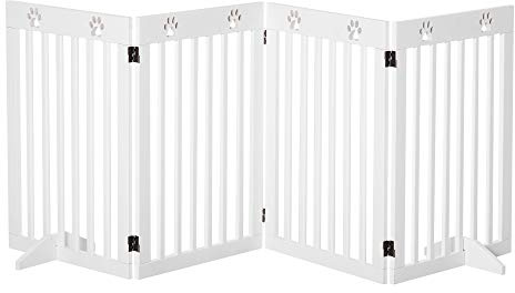 PawHut Freestanding Pet Gate 4 Panel Dog Barrier Folding Safety Fence with Support Feet up to 204cm Long 75cm Tall for Doorway Stairs, White