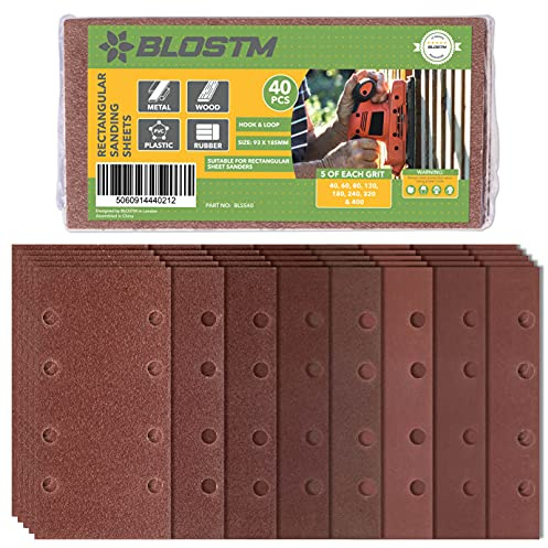 BLOSTM 40 PCS Sandpaper for Electric Sander - 93 x 185mm | Hook and Loop Sanding Pads Assorted 40/60/80/120/180/240/320/400 Grit, for Rectangular Electric Sander