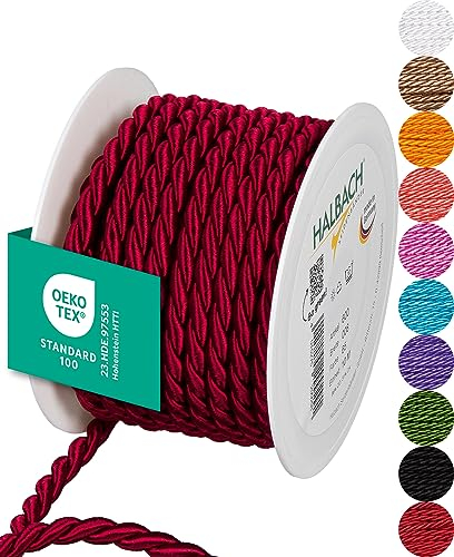 Halbach Seidenbänder Cordoncino di alta qualità (rosso vinaccia), larghezza 8 mm, lunghezza 10 m, prodotto in Germania e certificato Öko-Tex, cordoncino in raso lucido in acetato