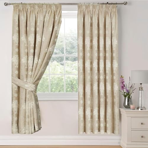 Modern Curtains for Living Room Fully Lined Pencil Pleat Luxury Jacquard Virginia Bedroom Curtains (Beige, 66″x 54″ (167 x 137cm))
