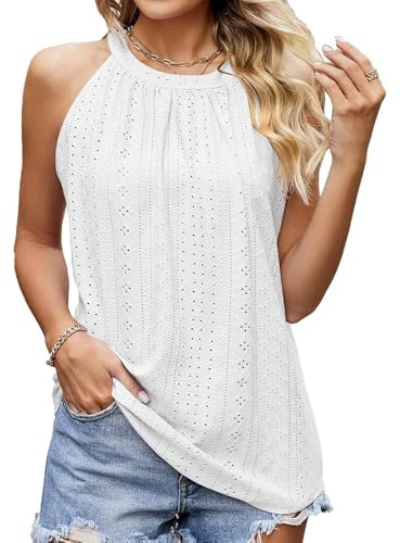 BKEPDY Camiseta Tirantes Mujer Tank Top Camisola Verano Cuello Halter Blusa sin Mangas Bordado Calado Tops Elegante Ropa Casual Deporte Algodon