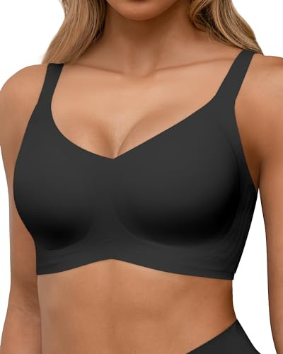 Horisun - Reggiseno senza cuciture a copertura totale, push-up senza ferretto per donna, bralette confortevole con scollo a V e supporto., nero, L
