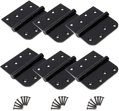 6 Pack 4 inch X 4 inch Heavy Duty Door Hinges Pin Removable Stainless Steel | Square Black Hinge Ball Bearing with 5/8 Radius Corners, Exterior & Interior Door Hardware for Left & Right Doors Hinge