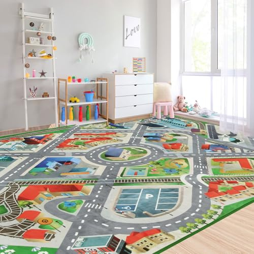 Large Kids Carpet Play Mat Rug for Playroom, 48'' x 71'’ Car Rugs Mat for Kids Toy Cars, City Life with Road Traffic Playmat Rugs Great for Kids Bedroom Play Room Boy Room Decor, Grey